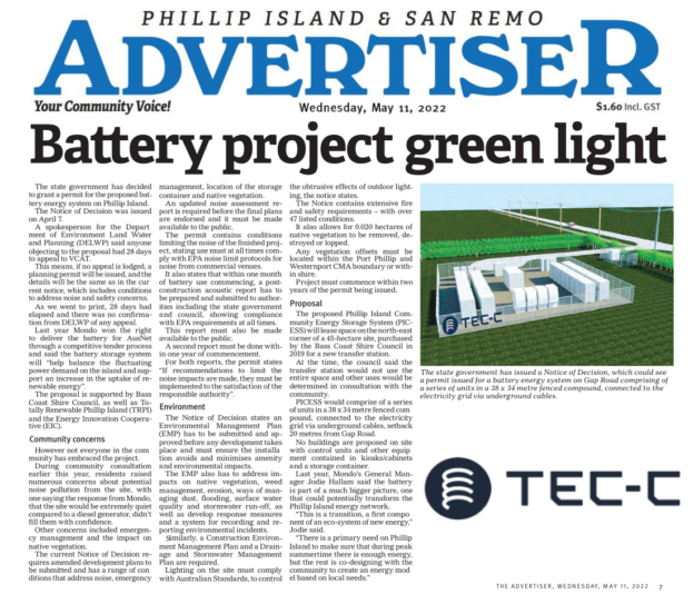 Planning “Green Light” for Phillip Island Community Energy Storage System